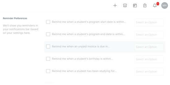 Edvisor Personal Settings Reminders