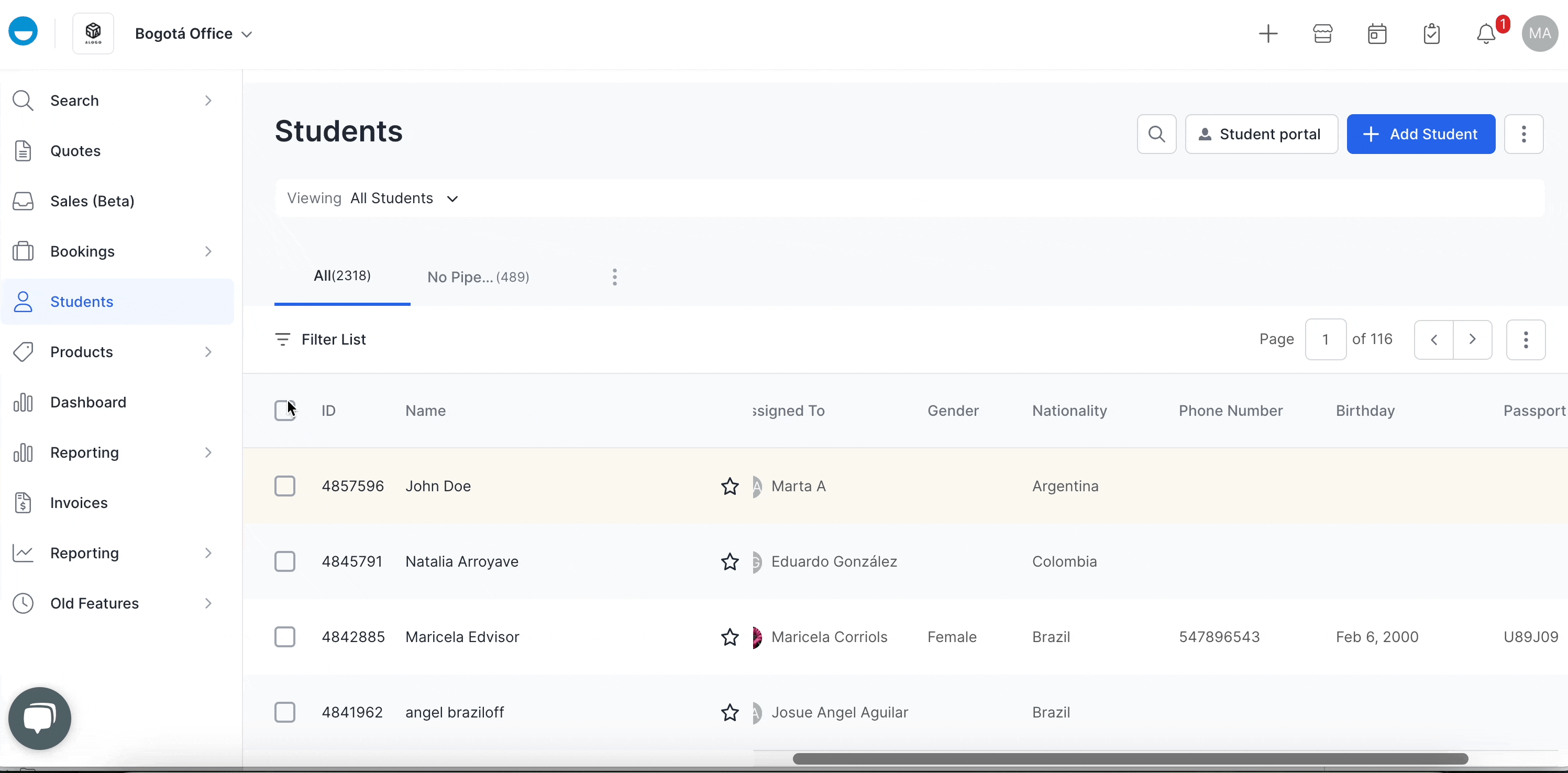 Managing students on edvisor